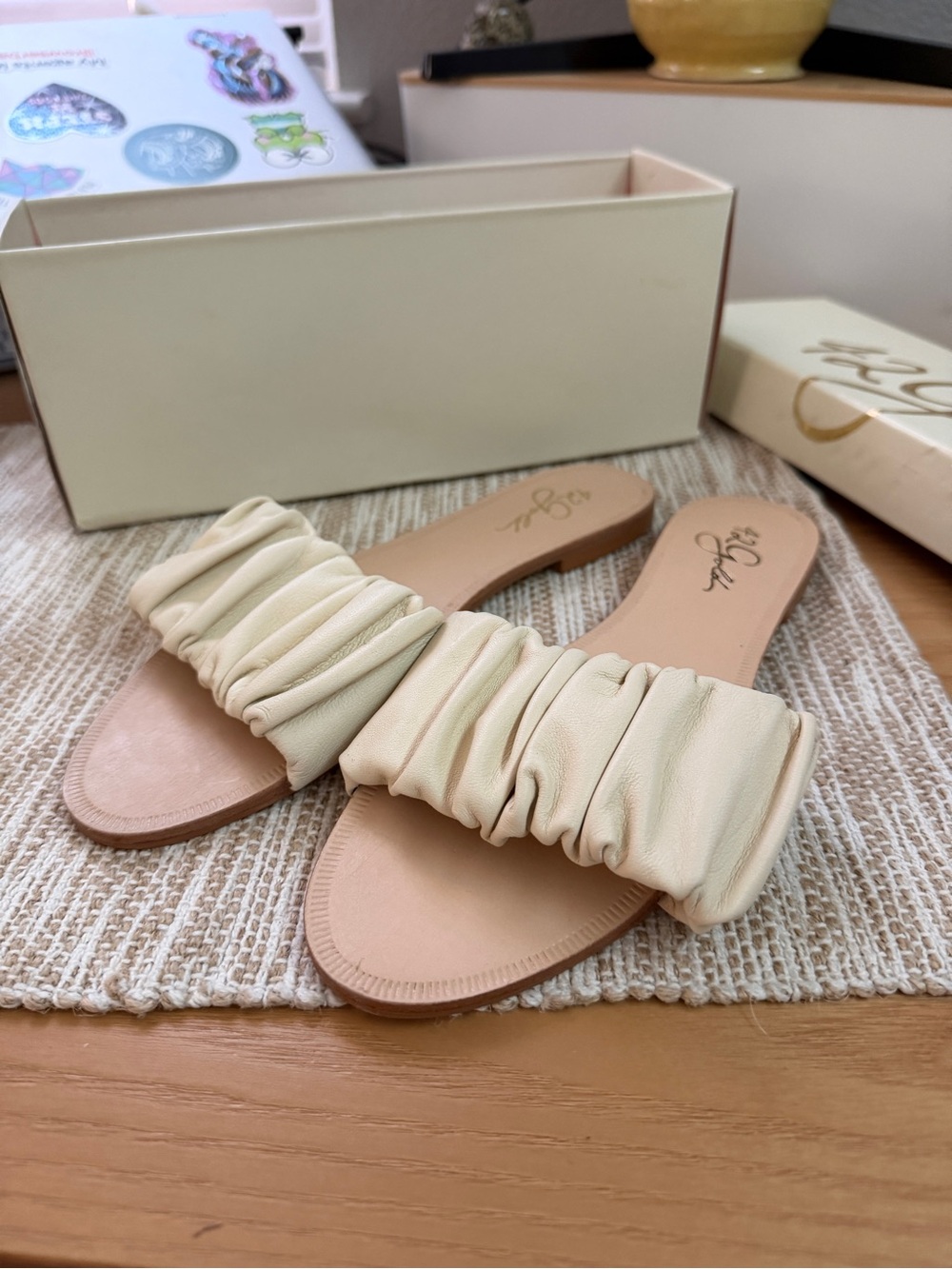 NIB Leather Ruched Flat Sandal “Britta” in Cream by 42 Gold